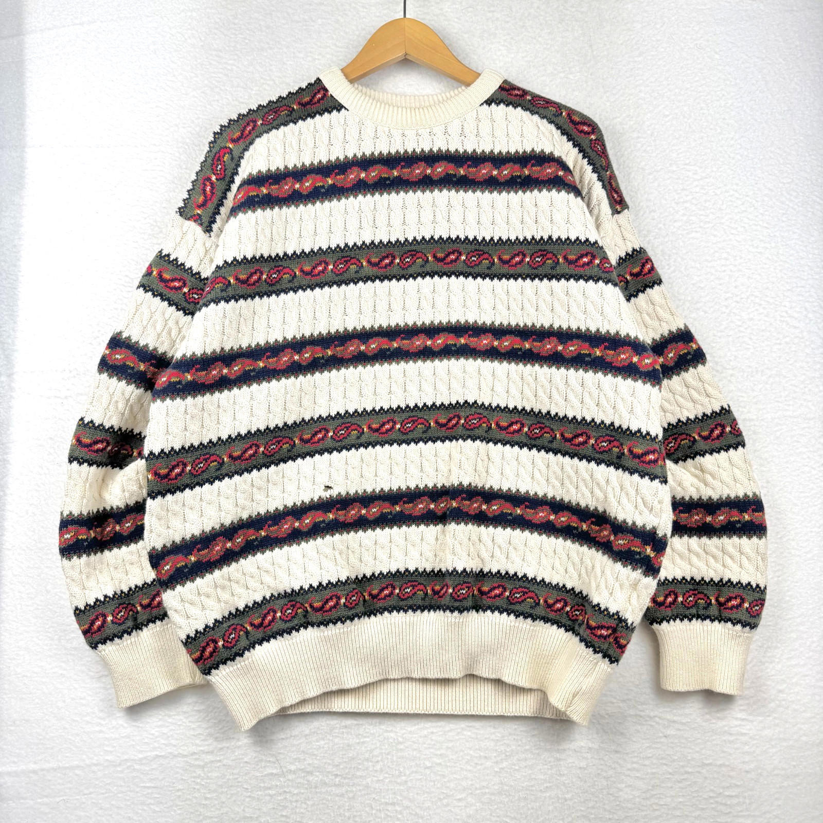 Vintage 90s Adult Xl Heavy Chunky Cable Knit Striped Paisley Sweater Cozy